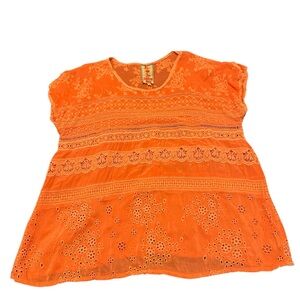 Johnny Was women Orange Eyelet Lace Top, Sz M, pre-owned